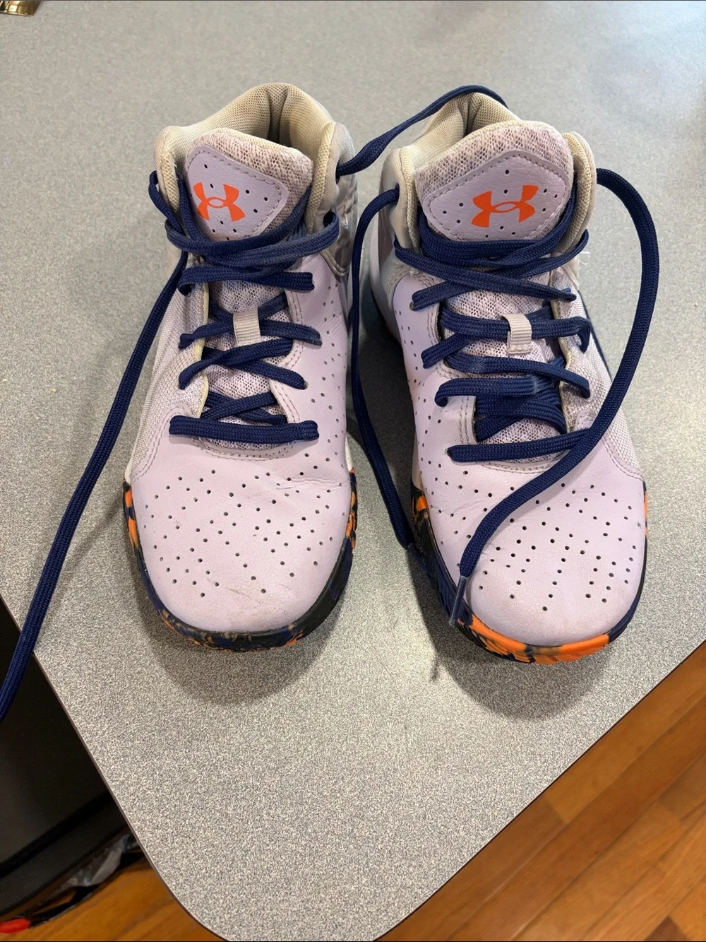 Under Armour Kids Lavender Sneakers with Navy Laces and Orange Accents
